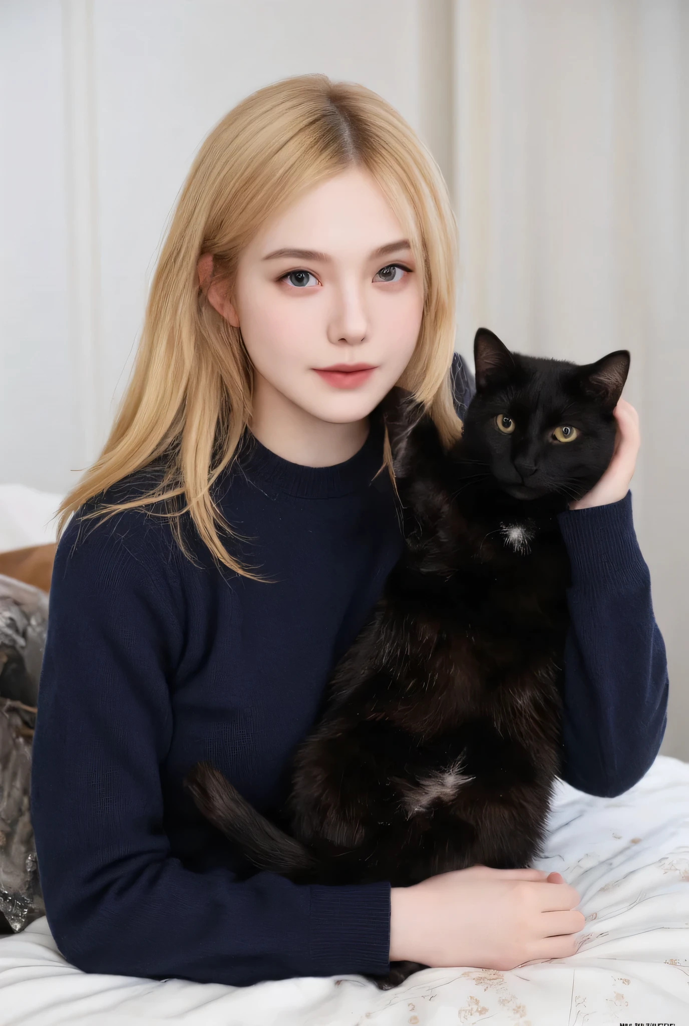 Genuine, rating_safe,      high resolution image     , Masterpiece,   top quality ,       High Quality    ,      very detailed ,     More Information,  sharp details ,、（British）、（Blonde）、 white skin, 1 girl  , Central white room  、（indigo sweater )、 Play with black cats 、(((ベットの上で))))