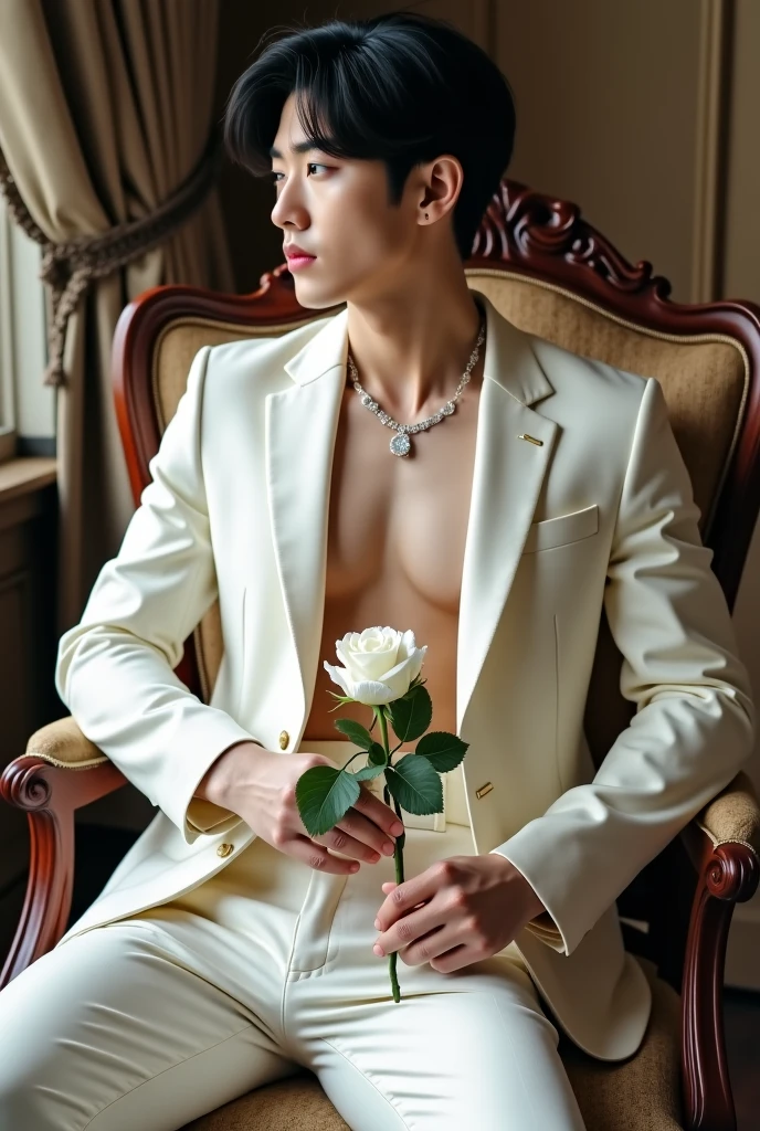 ((realistic photo)), handsome guy, 20 years old, wearing nothing completely naked,correct looking penis, well-shaped penis, smooth penis and balls , revealing his huge muscular thighs, carrying a red rose ((raised in front of his chest), sculpted body, Korean hair, sharp eyes, perfect face, perfect body curves, sculpted muscles , facing forward. Roses in background, Location of the Greek kingdom.