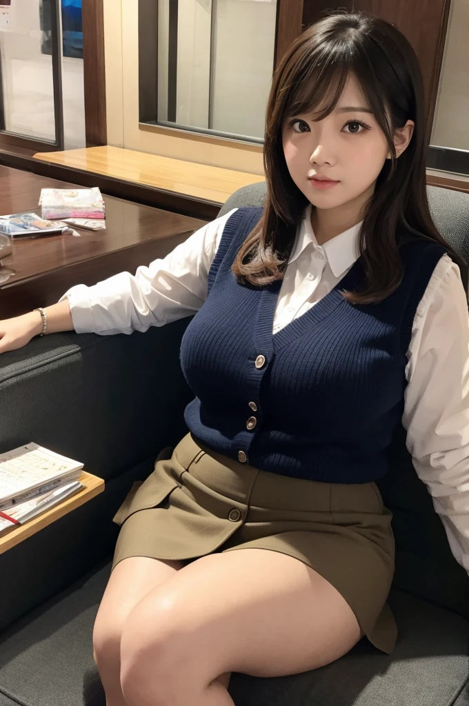 (masterpiece, best quality, hyper detailed, Photo quality), japanese,((karaoke staff)), (chubby, buxom, ),(shirt,vest, pencil skirt),sitting on sofa