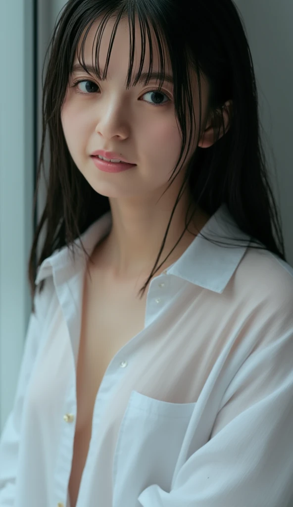 highest quality、Ultra-high resolution、(8k)(beautiful girl)、()、(White shirt、See-through、Fits your body、Nipples、between legs、)、Bed、Free pose、