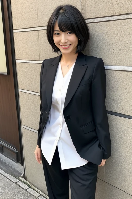 Highest quality, masterpiece, Ultra-high resolution, (Realistic:1.4), One Girl, Beautiful Japanese Women, Beautiful Skin, Black Hair:1.7, gakki, ((short hair:1.5)), Age 25, Smile happily:1.2, ((Checked mini skirt、Loafer Uniform、Dark blue socks、blazer、Big Breasts、Viewed from the front、Stand with your feet apart))