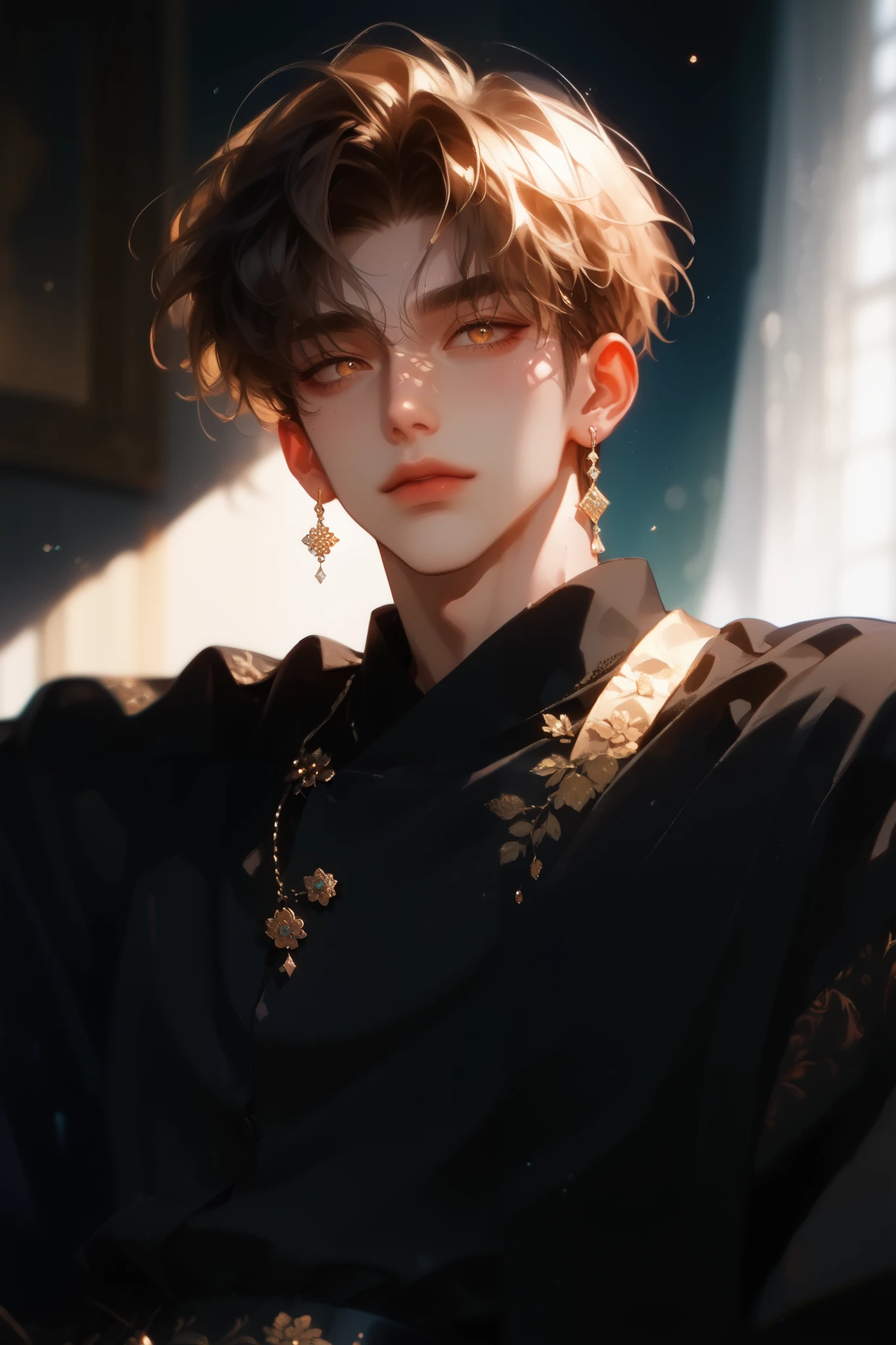Single, Anime boy,Anime stye, black shirt,High resolution , Unseen from the camera ,Calm, detail, High detail , short hair, tea hair, bangs, wearing a wave dress with her hair , golden eye, with a low eye , tripartite lens , 8k Octagonal Rendering,