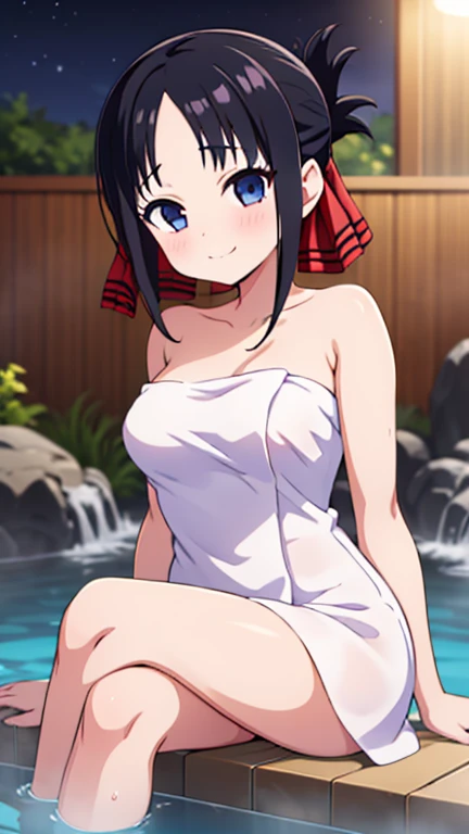 masterpiece, (intricate details), (colorful),cinematic lighting,extremely detailed CG unity 8k wallpaper , hyuuga hanabi, pool,without clothes, , smile