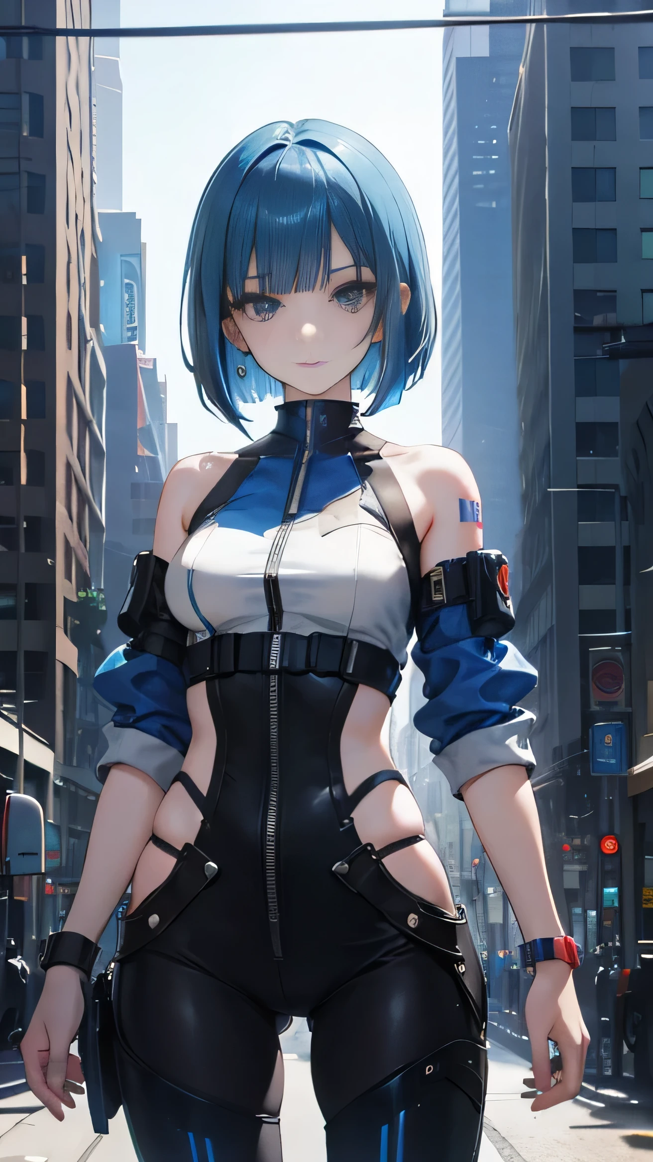 masterpiece, high res, detailed face, detailed eyes, anime screencap, sao, 1 girl, solo, slender, evil smile, hand on face, seen from below, long hair, top knot, hair down, blue hair, blue eyes, blue black bodysuit, skirt, black hightighs, torn clothes, full body, cowboy shot, cyberpunk, outdoors, <lora:Lievre SAO FB:1>