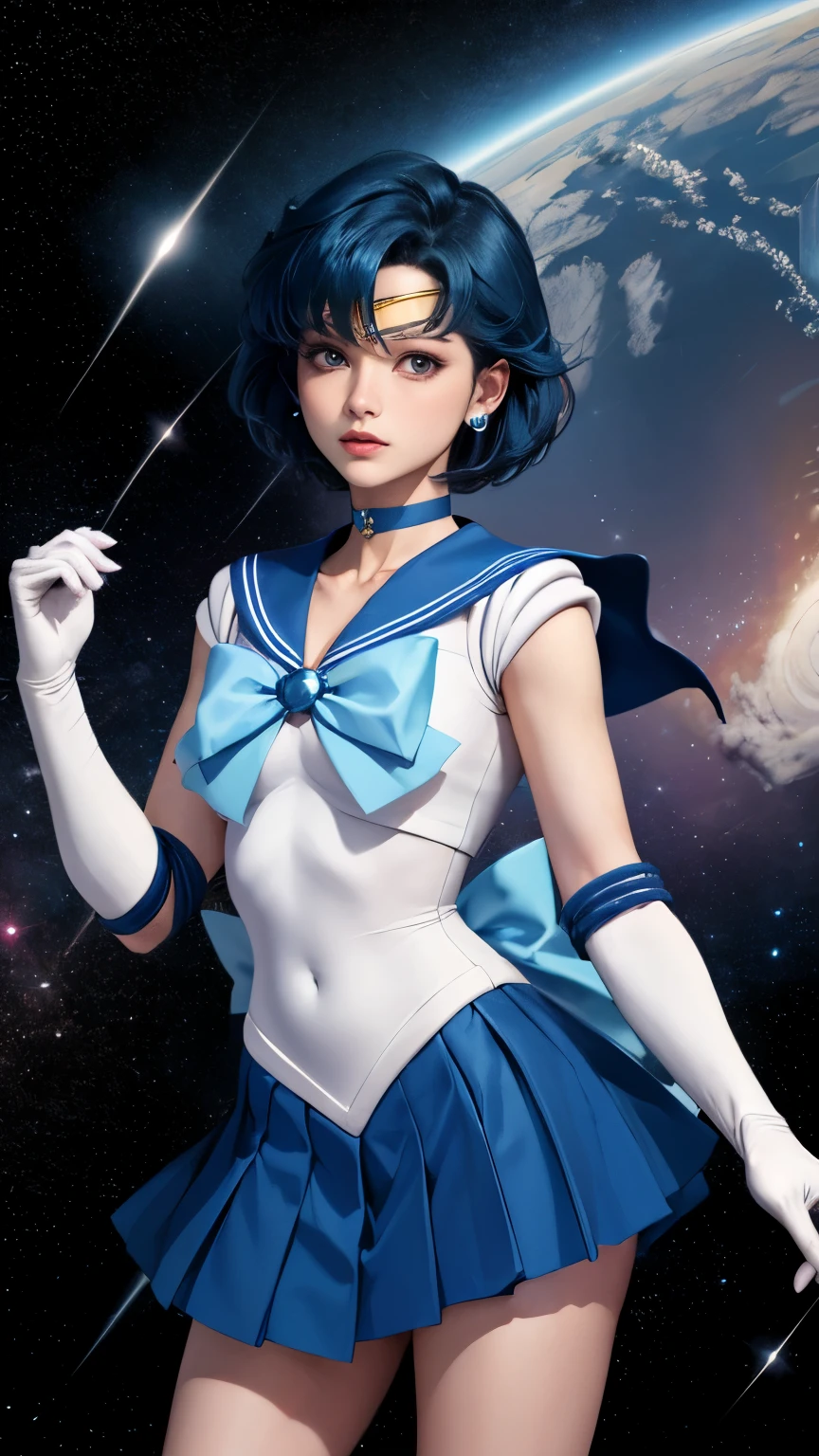 Mer1, tiara, sailor senshi uniform, blue sailor collar, bow, knee boots, choker, white gloves, blue choker, elbow gloves, jewelry, earrings, blue skirt,(Highest quality, masterpiece, Ultra-high resolution), Mercury in the background, Dynamic pose,Cute face