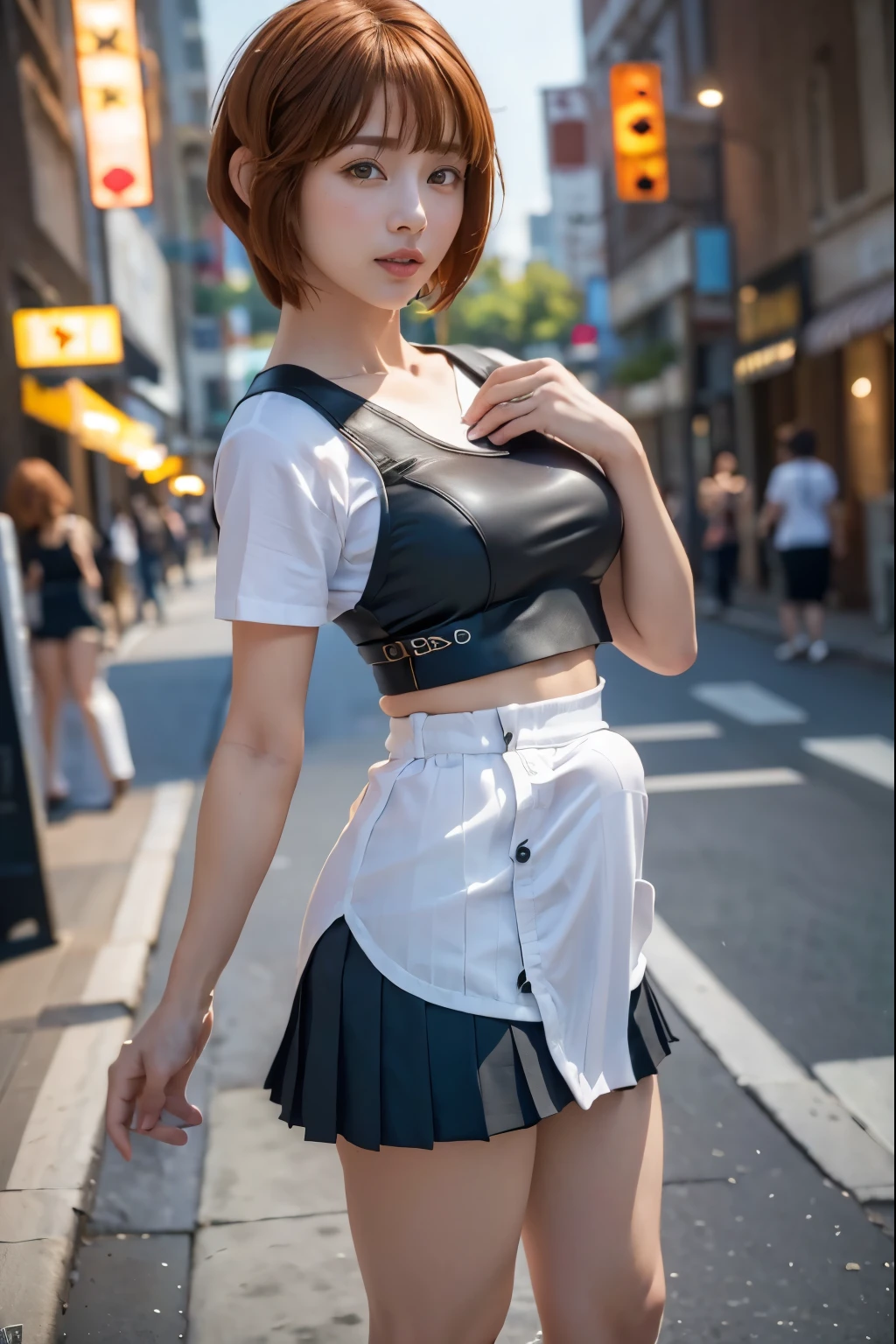 (8k, RAW photo, best quality, masterpiece:1.3),(realistic,photo-realistic:1.37),(night),(looking at viewer:1.331),(white hair),posing,Tokyo street,nightcityscape, cyberpunk city,soft light,1girl,extremely beautiful face,bust,put down hands,Random hairstyle,Random expression,big eyes, ,lower abdomen,(short-sleeved
JK_shirt),JK_style,(dark blue JK_skirt) ,(bow JK_tie),mix4