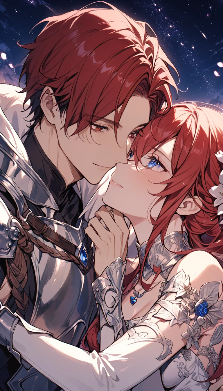 Ultra detailed, highres, absurdres, HDR, master piece, Subaki, red hair tied in a ponytail, expressive red eyes, male Corrin, white hair, expressive red eyes, white fantasy clothes, Fire Emblem Fates, fantasy, petals, blue butterflies, blue flowers, water, two sexy man together, gay couple, love, magic, best quality, extremely detailed face and eyes, handsome, toned chest