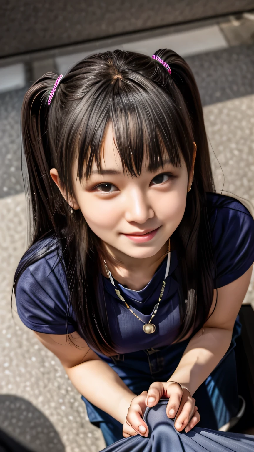 (nsfw:-2), realistic, photo-realistic, best quality, masterpiece, high resolution, intricate details, extremely detailed, hetero, couple, pov, 1boy standing, (big bulge in pants), 1girl kneeling, (handjob), smile, public indecency, from above, 18-years-old,japnese high school girl,black hair,hair pin,pig tail hair,perfect eyes,idol face,