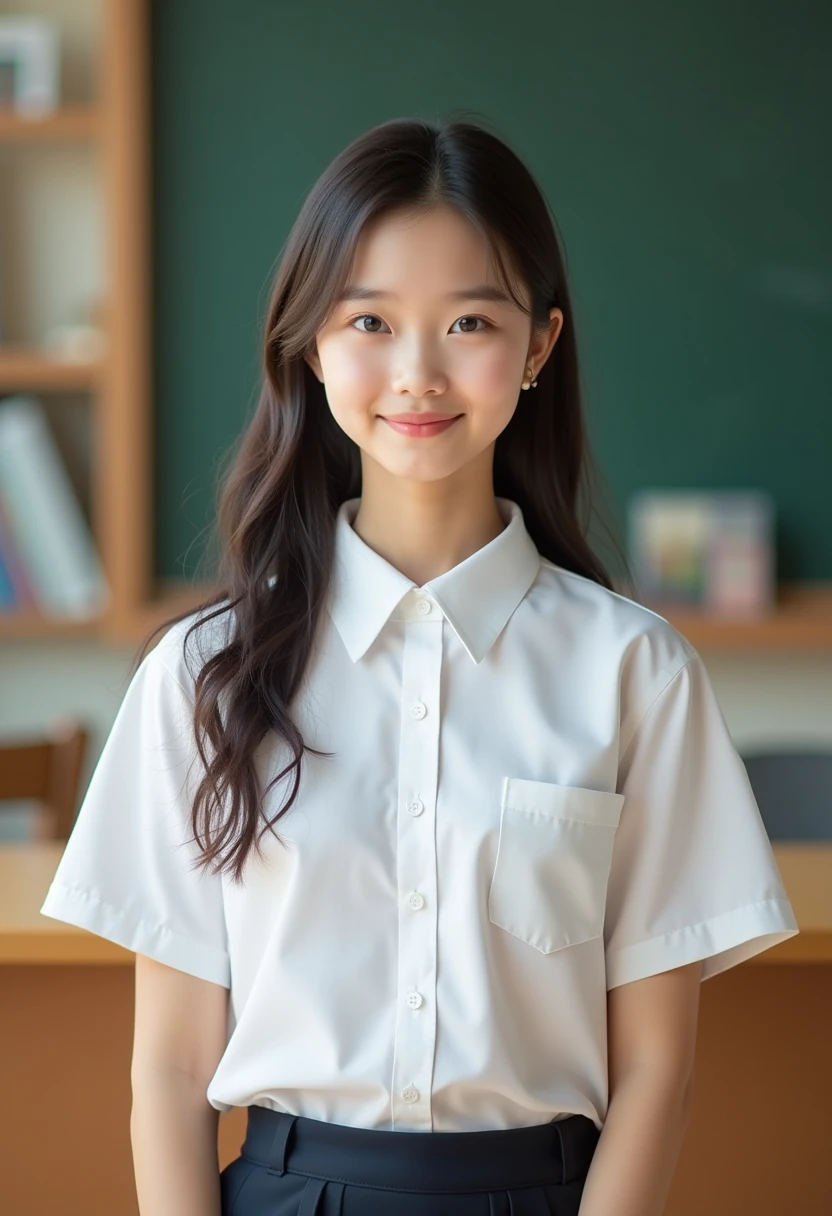 (best quality、On the table、8k、Best image quality、Award-winning works)、(Beautiful 1 schoolgirl:1.1)、(White polyester collar shirt:1.1)、(Navy pleated skirt:1.1)、(Large Breasts:1.3)、(Highlight your body lines:1.1)、(Plump body:1.2)、girl portrait photography、glowing skin、Stand gracefully、(Perfect blurred school classroom background:1.1)、(Classroom blackboard background:1.2)、beautiful smile、(Close-up of face:1.1)