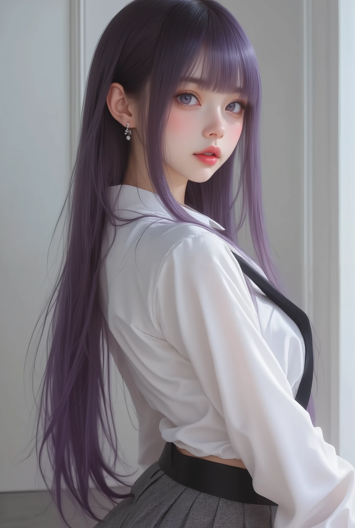 photo realistic,1girl, Long Hair, bangs, (Purple eyes:1.1), Purple Hair, Side Lock, blunt bangs, (Bright Eyes:1.5), Half Up,Big breast,BREAK,
((masterpiece, best quality:1.3)), ultra detailed, ung adult,((young adult face:1.2)) , ahegao, tongue out, Spittle,(petite body:1.4),(thin waist:1.5), ((white shirt with a wide neckline )),((black school mini skirt )),(cleavage:1.5),(accessories, makeup pink,earrings),lift skirt, pink panties, looking at viewer, facing the viewer,full-face blush , full body,