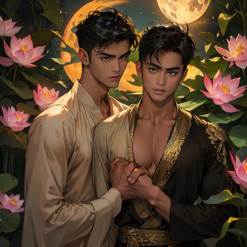 ((( renaissance painting style ))) dois homens muito bonitos, gays , amor, apaixonados , gay , Athletic, peito grande , sem camisa, apaixonados, fumando cigarro, sentados na grama , em um parque cheio de flores