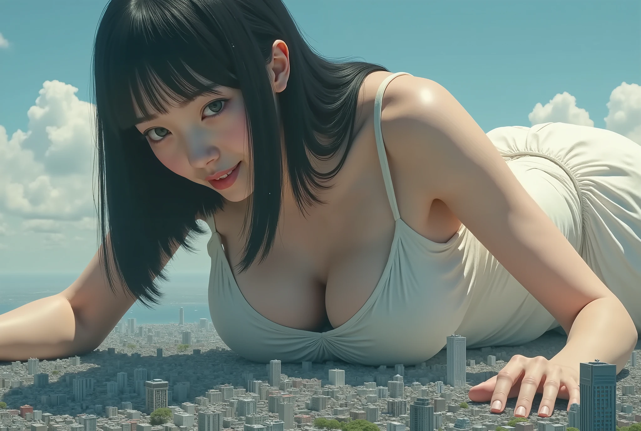 (High Beautiful Super Giant Japanese girl, Super Real photorealistic), (Super Best masterpiece Raw Photography Art), (16k, Highest Image Quality, super high resolution, RAW photos ), (Ultra-wide field of view, Very detailed and accurate1Point perspective drawing), ( so unreal and very super small or smaller in size a very very super huge High Beautiful Super Giant Japanese girl invades and there's nothing but a sense of super hopelessness No real depiction), (High Beautiful Super Giant Japanese Girl lying face down ), ( the big female body of a very, very super huge High Beautiful Super Giant Japanese girl is crushed by a big city in the super tiny world and destroyed in a mess ), ( mature face , An innocent and smiling face is cute , Very beautiful and detailed female body, Very detailed and accurate女体の構造, Very precise body and finger movements, Very plump big breasts, The cleavage of her super big breasts pressing against the ground is so amazing ), Zoom up to super big breasts