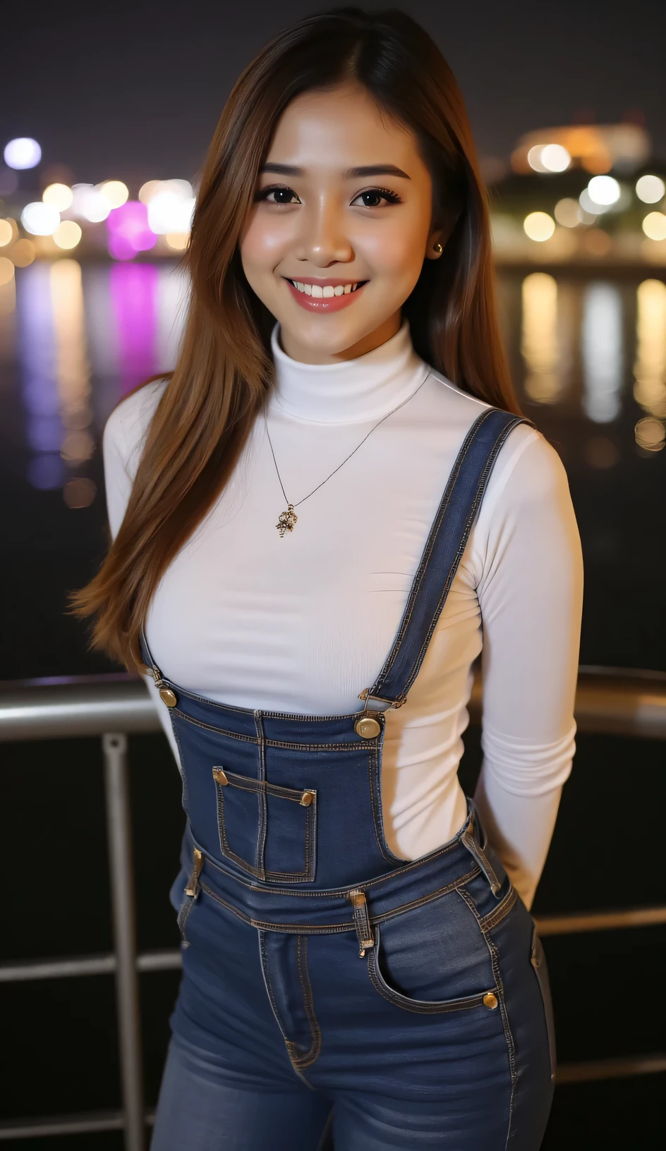 A beautiful indonesian female with long straight hairstyle,25 years old. indonesian face, highly detailed beautiful face and eyes, attractive face, charming face, Full body, chubby body, white skin, medium breasts, cleavage, anatomically correct, long straight hair, brown hair. Wearing white turtleneck, overall, necklace. Background overlooking a beautiful river and city at night. Standing on the edge of bridge, facing forward, hands behind back, look at viewer, smile showing teeth. Ultra detailed body, highly detailed appearance, hyper quality image. Bokeh. Hyper resolution. Ultra high realistic image. 16k. Ultra detailed