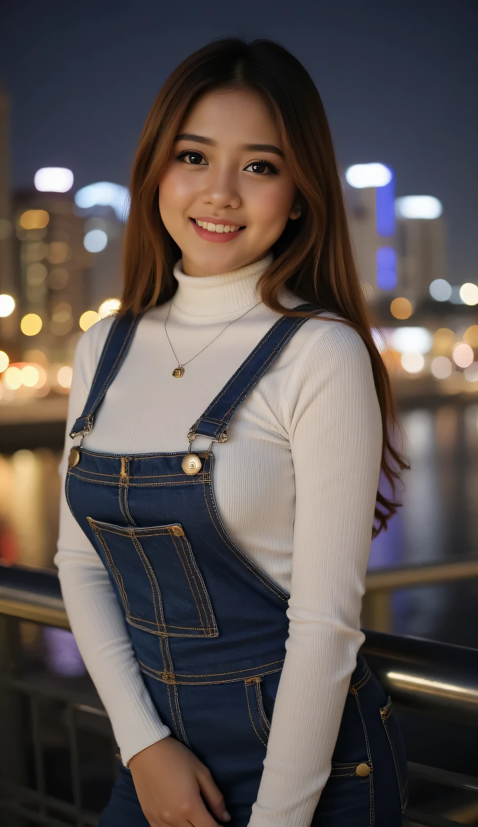 A beautiful indonesian female with long straight hairstyle,25 years old. indonesian face, highly detailed beautiful face and eyes, attractive face, charming face, Full body, chubby body, white skin, medium breasts, cleavage, anatomically correct, long straight hair, brown hair. Wearing white turtleneck, overall skirt, necklace. Background overlooking a beautiful river and city at night. Standing on the edge of bridge, facing forward pose, look at viewer, smile showing teeth. Ultra detailed body, highly detailed appearance, hyper quality image. Bokeh. Hyper resolution. Ultra high realistic image. 16k. Ultra detailed