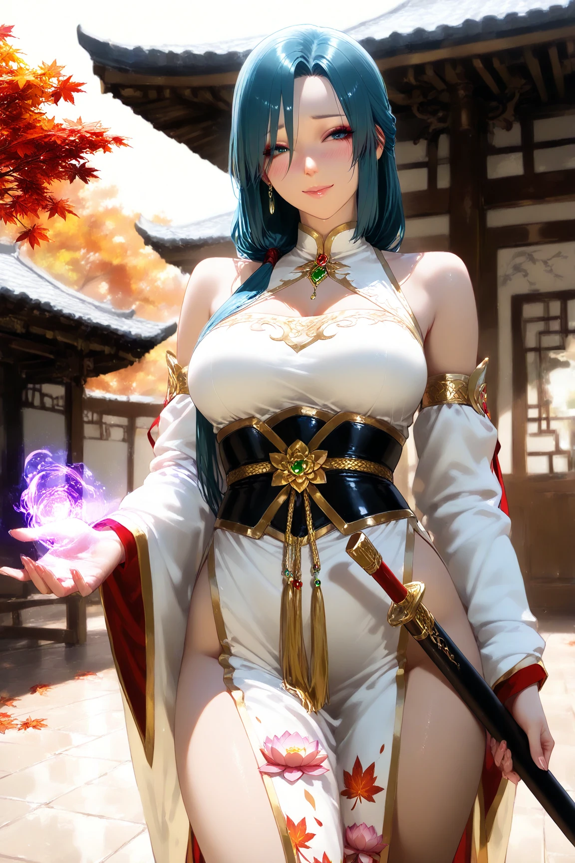 shaman girl, gigantic breast. full colours In stone Valley. Big feathers, linked to fire, flame. Long legs, exposed heart
