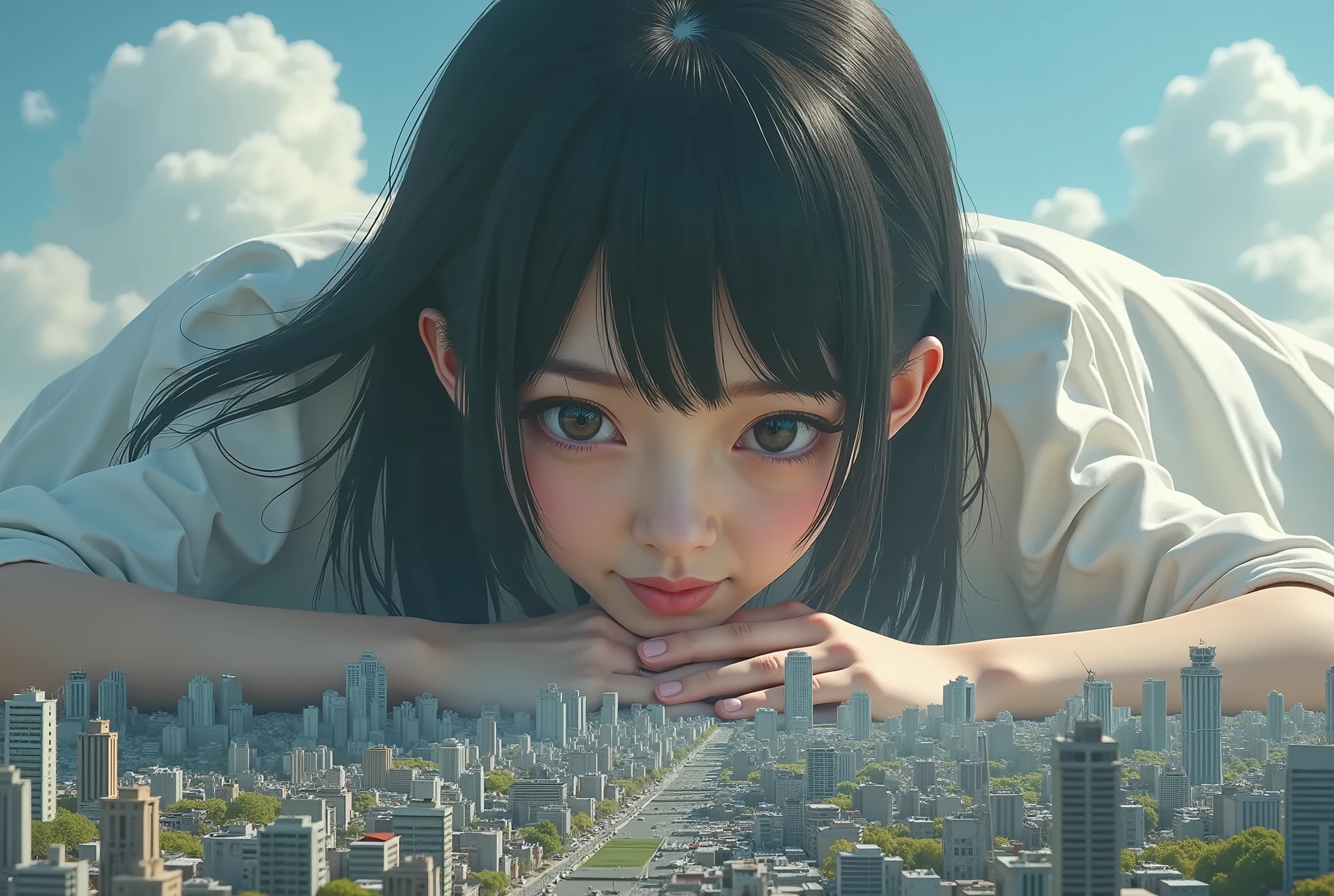 (High Beautiful Super Giant Japanese girl, Super Real photorealistic), (Super Best masterpiece Raw Photography Art), (16k, Highest Image Quality, super high resolution, RAW photos ), (Ultra-wide field of view, Very detailed and accurate1Point perspective drawing), ( so unreal and very super small or smaller in size a very very super huge High Beautiful Super Giant Japanese girl invades and there's nothing but a sense of super hopelessness No real depiction), (High Beautiful Super Giant Japanese Girl lying face down ), ( the big female body of a very, very super huge High Beautiful Super Giant Japanese girl is crushed by a big city in the super tiny world and destroyed in a mess ), ( mature face , An innocent and smiling face is cute , Very beautiful and detailed female body, Very detailed and accurate女体の構造, Very precise body and finger movements, Very plump big breasts, The cleavage of her super big breasts pressing against the ground is so amazing )