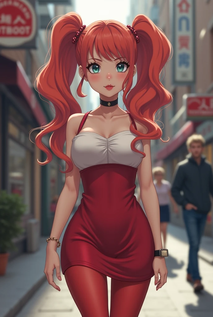 (Blossom:1.5), (Orange hair, Long hair, Blunt bangs, Pink eyes), (Hair Bow, Red bow, Simple pink dress, belt, white thighhighs), (Realistic:1.2), (Masterpiece:1.2), (full body shot of:1),(cow boy shot:1.2), Neon lighting, dark romantic lighting, (Highly detailed:1.2),(Detailed face:1.2), (gradients), Colorful, Detailed eyes, (Detailed landscape:1.2), (Natural lighting:1.2),(Detailed background), Detailed landscape, (Dynamic pose:1.2), (Solo, solo person, One subject:1.5), A woman walks down the street, huge tit, Fitness model, A smile