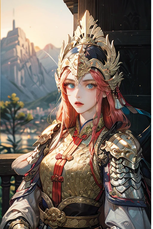 Chinese_armor, solo,female,((female body)),woman,girl, shoulder_armor, helmet, blue_sky,detailed_eyes, looking at viewer, masterpiece, best quality, perfect eyes, perfect face, perfect lighting, 8K, perfect anatomy, Chinese_armor, Ming, Mountain Pattern Armor, hyper-detailed, finely detailed, high resolution, high quality,