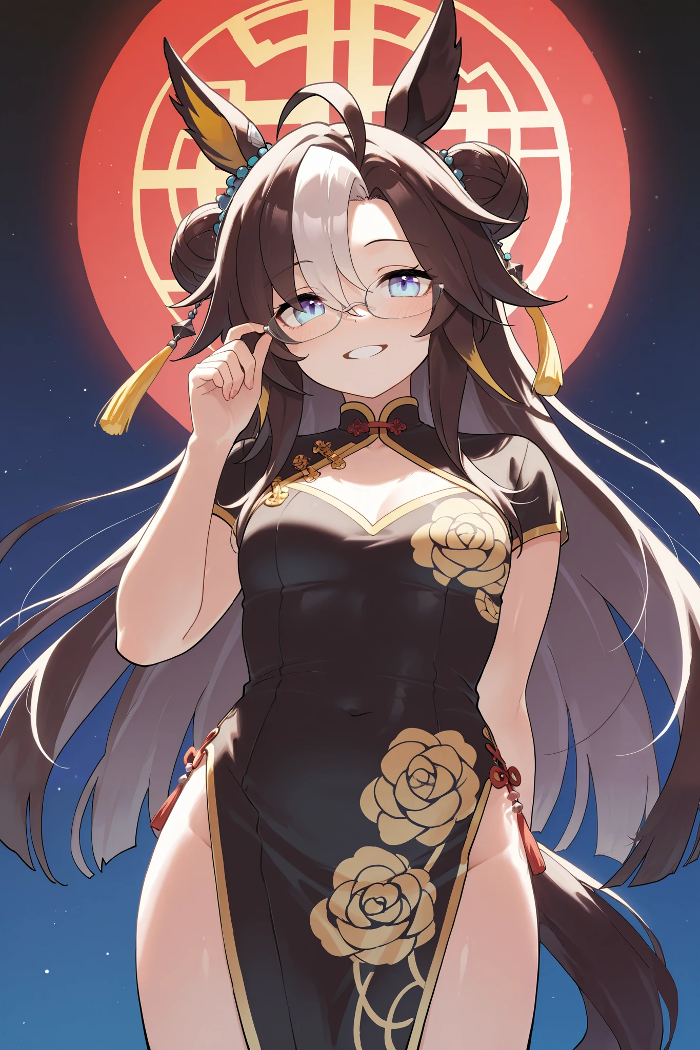 NSFW,masterpiece, best quality , high resolution, very detailed on trends,dreamjourney\( Uma Musume\),blue eyes,Glasses, China dress , bewitching smile,Night shops