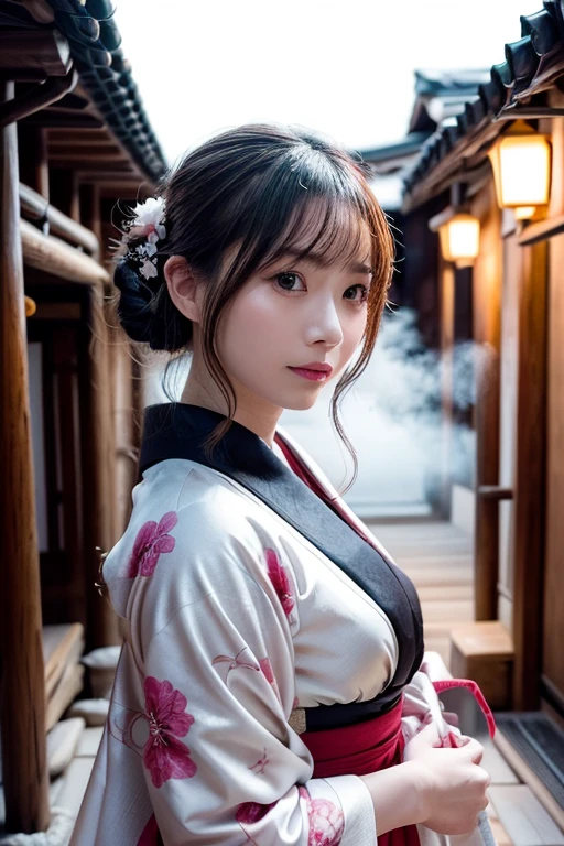 (table top, highest quality:1.4), beautiful face, 8K, 85mm, absurd, (floral pattern yukata:1.4), Upper body, expose one&#39;s chest、 violaces, gardenia, delicate girl, alone, night, looking at the viewer, Upper body, film grain, chromatic aberration, sharp focus, face light, professional lighting, Sophisticated, (smile:0.4), cleavage, (simple background, background bokeh:1.2), details face