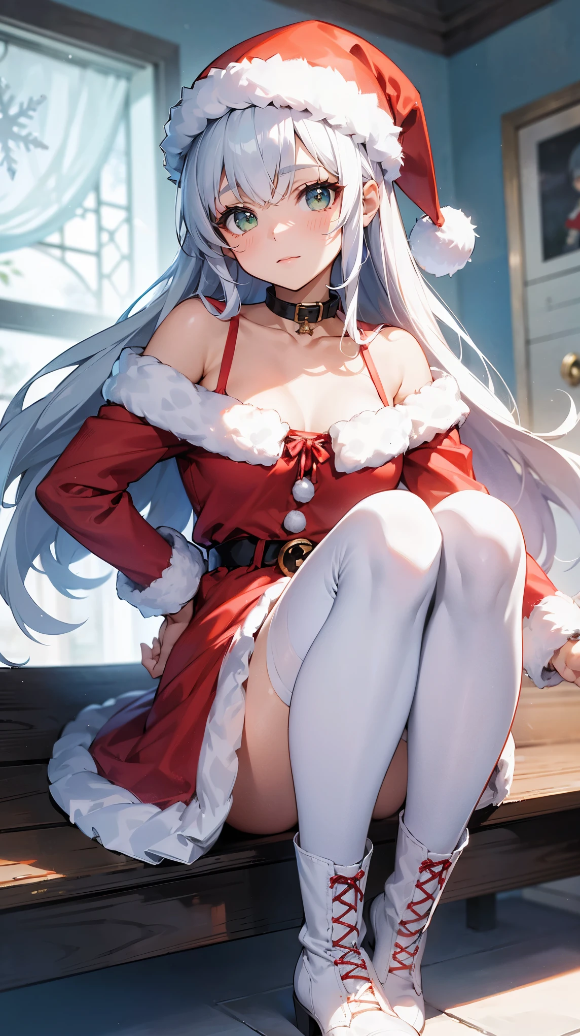 little red riding hood,Sitting,Spreading legs,black tight high sox,Light blue and white striped panties