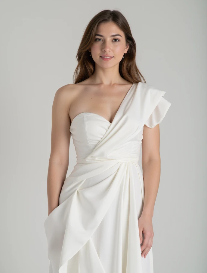 Woman of Venezuelan descent in a conservative white dress of about 165 pounds that looks realistic in the full-body photo and with beautiful sandals and an ankle bracelet