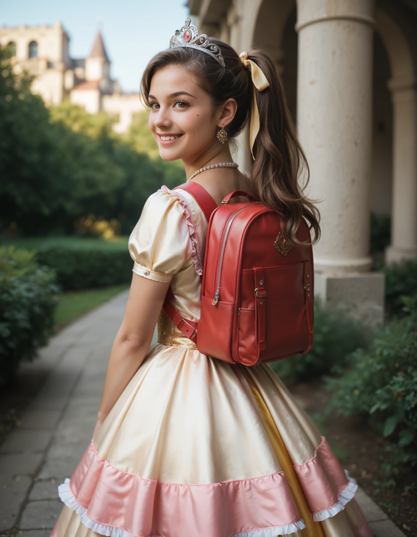 masterpiece, best quality, highres, realistic, 1girl, long hair, one side up, solo, ponytail, brown hair, long hair, hair ribbon, brown eyes, mole under eye, cowboy shot,princess dress, princess Costume, colorful princess dress, wearing Tiara, luxury dress, smile, frilled dress, tiara, necklace, earrings, luxury jewelry, wearing backpack, red backpack, standing, outdoor, from behind, backview