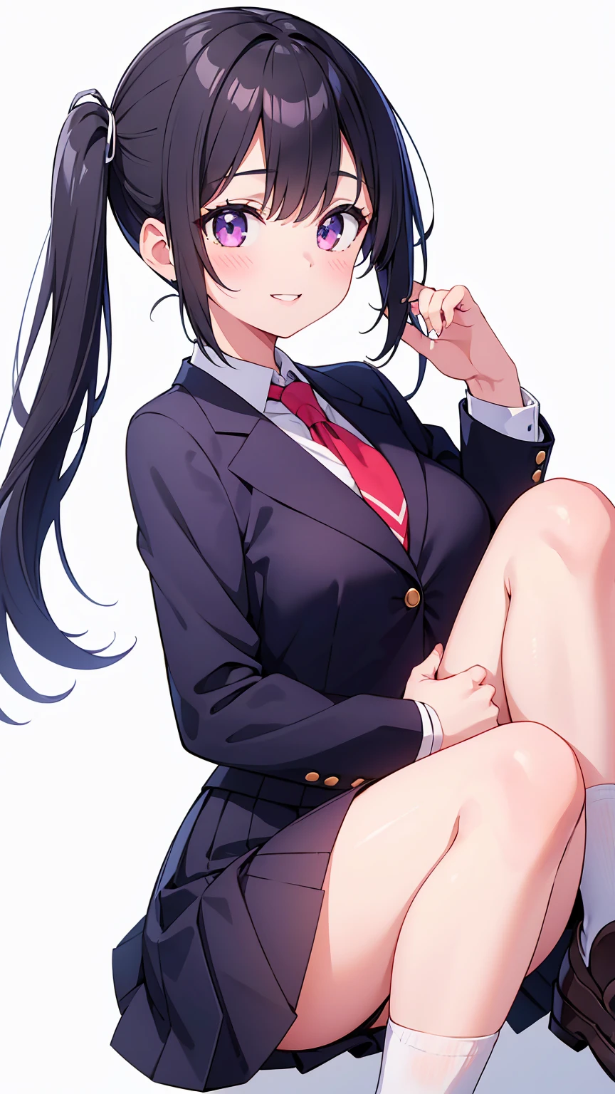 nicoyazawa, nico yazawa, black hair, (red eyes:1.5), twintails, hair bow, bow, red bow, (flat chest:1.2),
BREAK blazer, blue skirt, jacket, otonokizaka school uniform, pleated skirt, school uniform, winter uniform,
BREAK looking at viewer,
BREAK indoors, classroom, 
BREAK (masterpiece:1.2), best quality, high resolution, unity 8k wallpaper, (illustration:0.8), (beautiful detailed eyes:1.6), extremely detailed face, perfect lighting, extremely detailed CG, (perfect hands, perfect anatomy),(stripe panties:1.5), sitting on desk, spread legs, open legs, knee up, leaning back, small breasts, (short, tiny, little:1.5), blush, embarrassed,from below, cowboy shot, dutch angle