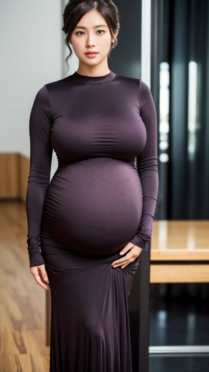 Highly detailed 8k wallpaper), 8k,best quality, masterpiece, ultra high resolution,(lifelike:1.4), original photo, sharp focus, detailed, dramatic, Exquisite and beautiful woman, (huge pregnant),(tall and straight:1.1), (Without), (droopy giant:1.1), (Fat Evil Goddesetallic high-leg one-piece racing turtleneck knit dress:1.0),(Dark purple and black lines,turtleneck knitted bodycon skirt),(thin fabricmetalone-pieceracing ), Half butterfly earrings, Double ring necklace, (defiance:1.05), (65 years old, : 1.4), cosmetic, (lipstick: 1.1), (Eyeliner: 1.2), mascara, eye shadow, curls, dynamic angle, (red lips)nice graphics, current employer,spectacular view, wide windows, show your whole body, standing beside window,phone photo of {subject and location} posted to {some social media} in {some time frame} --style raw --s 0 --ar {some vertical aspect ratio}.