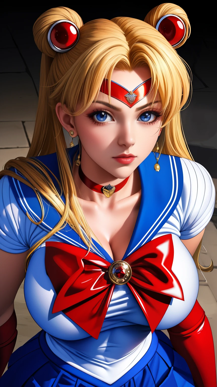 smusagitsukino, ClassicSM_Blue_skirt_White_gloves_Red_boots_Red_choker_Red_bowtie_Red_back_bow_Circlet_Red_bun_cover, standing, solo, huge_breasts, masterpiece, best quality, detailed face, detailed eyes, highres,