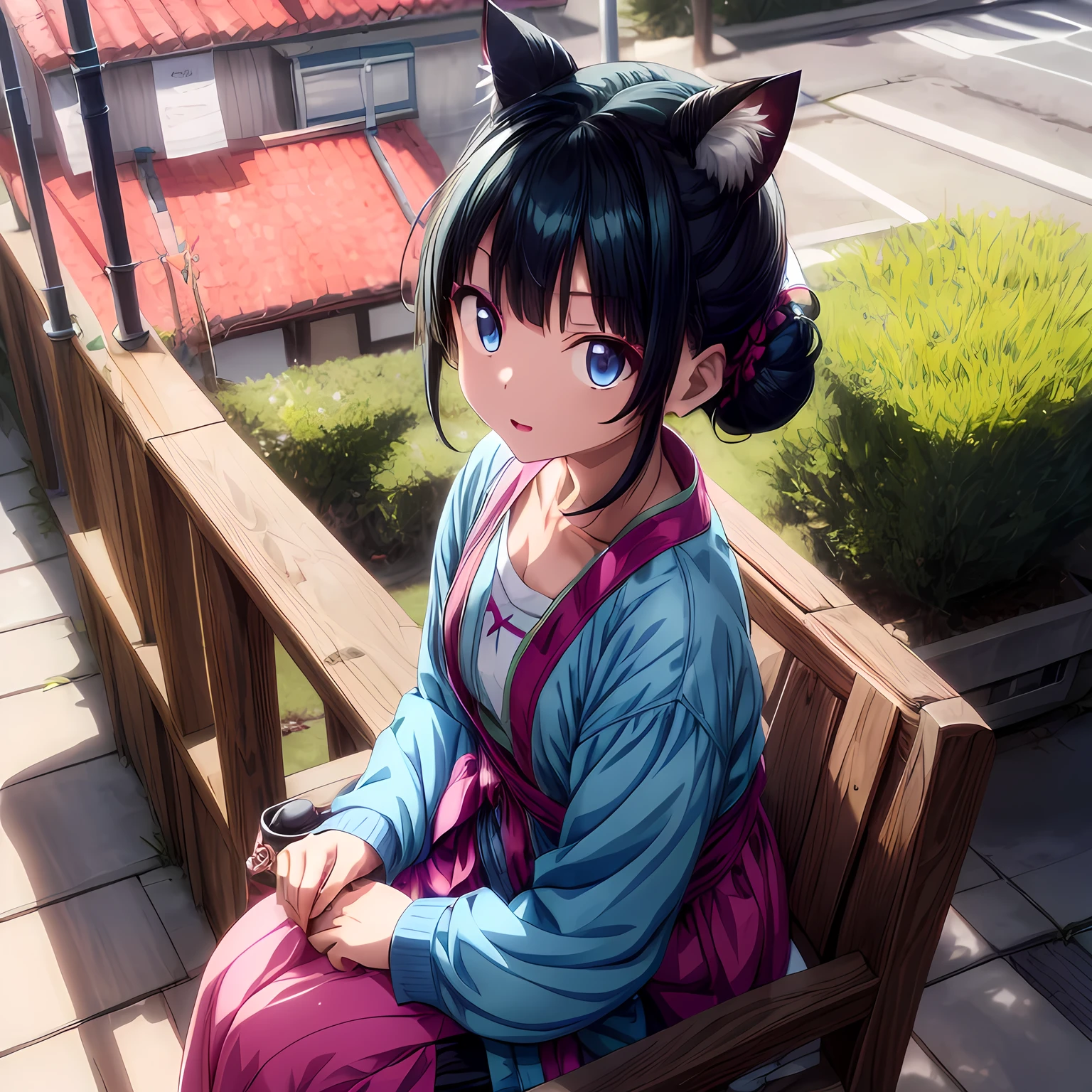 (Cat/Pharmacy), Anime Super、 1 girl, Sexy Poses、Shadows of the Body、(seated eyes、 expressionless、 blue eyes:1.3)、( little chest:1.2)、 dark green hair 、two buns short hair、Pink eyeshadow around the eyes、 with bangs、 blue eyes、Green national costume 、 carrying a basket on her back 、( focus on face :1.2)、 shot from above、 、Michi-kusa