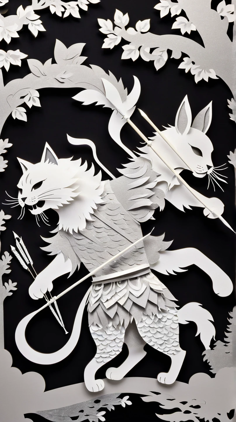 Fusion of Paper Cut and Shadow Puppets、 Combinations of Black and White and Color 、 best quality、Ultra Fine、16k、2.5D、 Delicate and Dynamic Depiction 、Cat Beastman、城壁に並ぶCat Beastmanの射手、Shoot Arrows 、 Arrows Pouring Down on Enemies