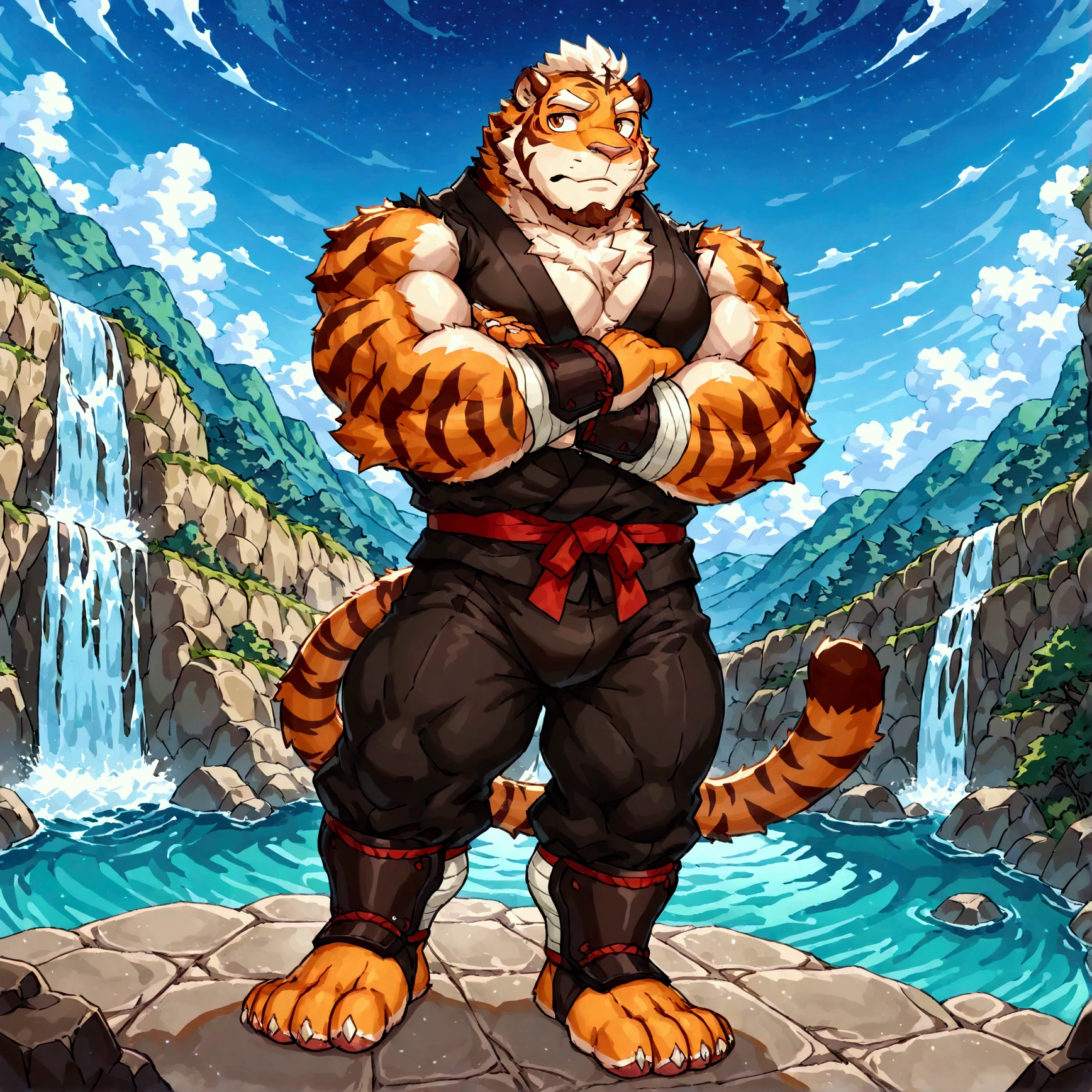 1boys, Solo, Muscular old man (Confident furry white-haired saber-toothed tiger), huge muscle, Short hair, Wearing a karate uniform, (Movie rain visual effects background), Dark background, Wet