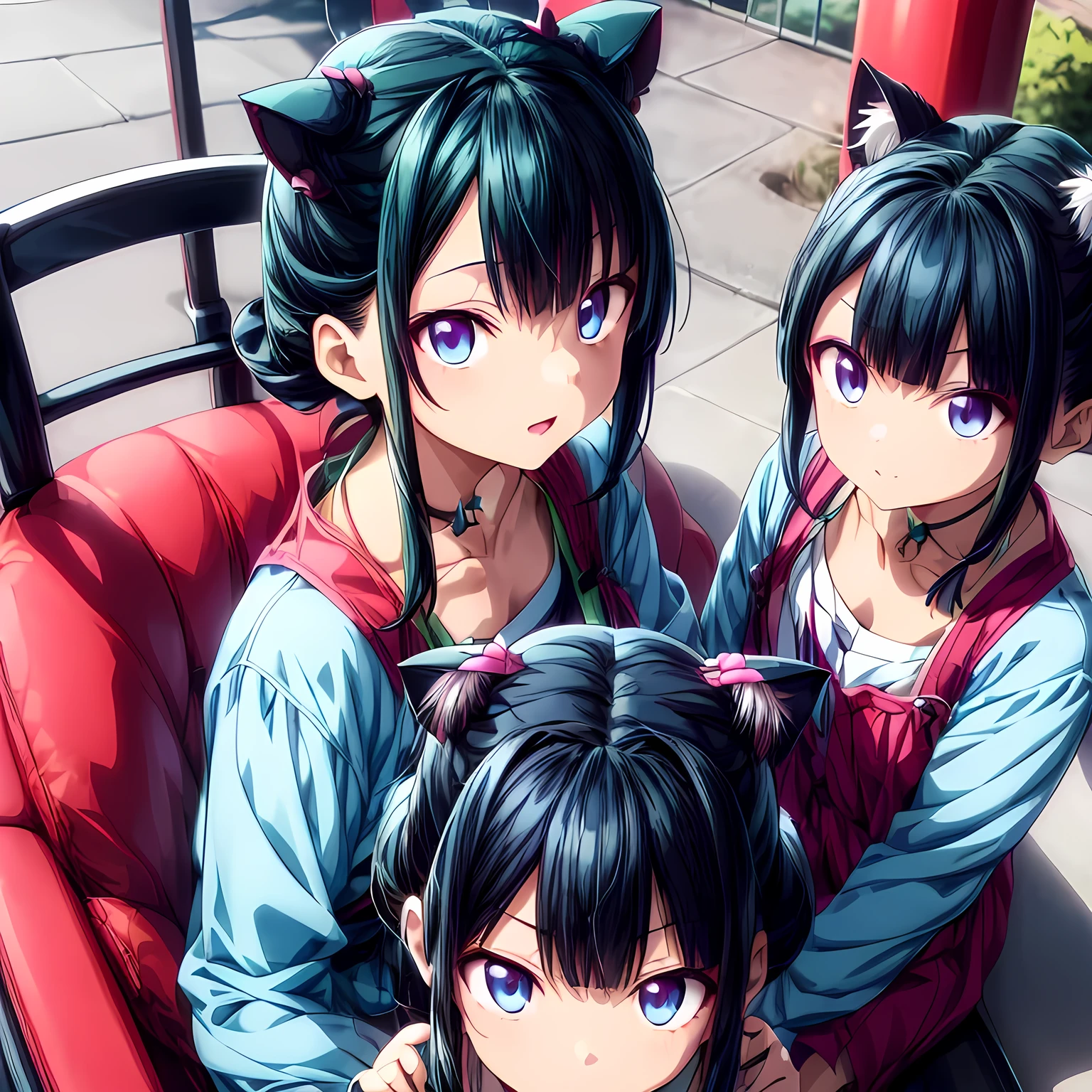 (Cat/Pharmacy), Anime Super、 1 girl, Shadows of the Body、(seated eyes、 expressionless、 blue eyes:1.3)、( little chest:1.2)、 dark green hair 、two buns short hair、Pink eyeshadow around the eyes、 with bangs、 blue eyes、Green national costume 、( focus on face :1.4)、 shot from above、 、Nothing Michikusa 、Country Road