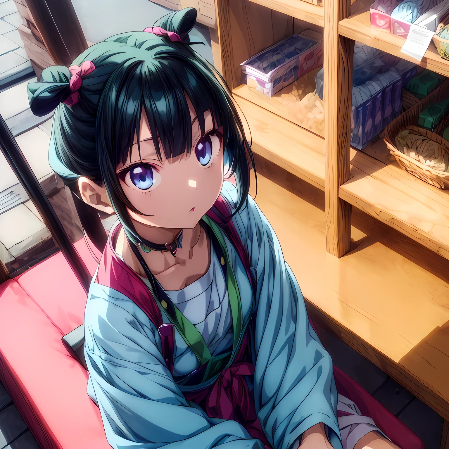 (Cat/Pharmacy), Anime Super、 1 girl, solo、Shadows of the Body、(seated eyes、 expressionless、 blue eyes:1.3)、( little chest:1.2)、 dark green hair 、two buns short hair、 pink eyeshadow around the eyes、 with bangs、 blue eyes、Green national costume 、( focus on face :1.5)、 shot from above、 、Nothing Michikusa 、Country Road