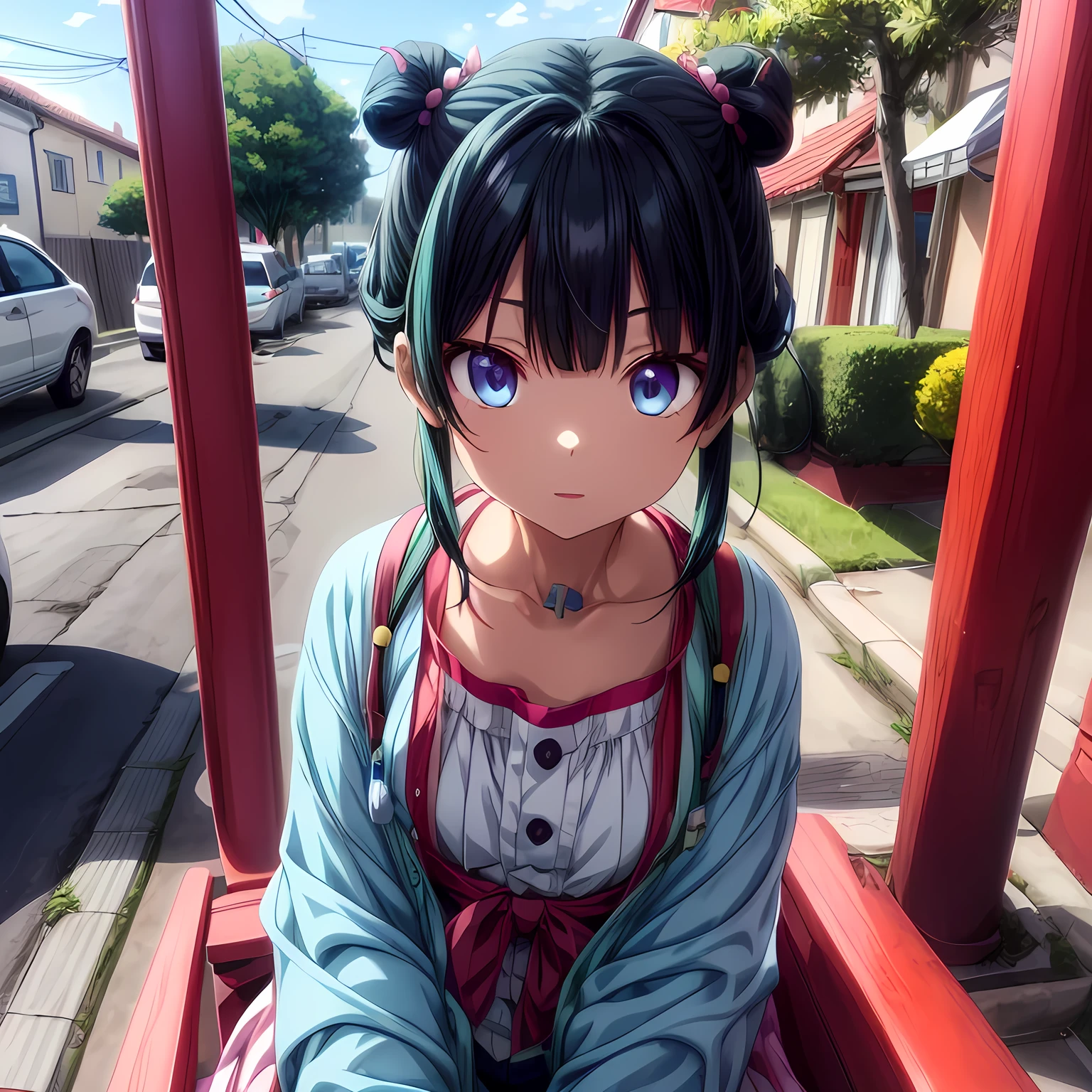 (Cat/Pharmacy), Anime Super、 1 girl, solo、Shadows of the Body、(seated eyes、 expressionless、 blue eyes:1.3)、( little chest:1.2)、 dark green hair 、two buns short hair、 pink eyeshadow around the eyes、 with bangs、 blue eyes、Green national costume 、( focus on face :1.5)、 shot from above、 、Nothing Michikusa 、Country Road、Store clerk、Pharmacy