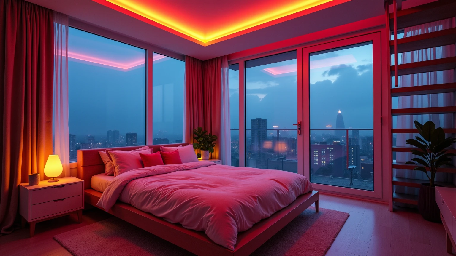 Please design me a very luxurious bedroom for my girl., modern and fully equipped. Futuristic design with mysterious colors