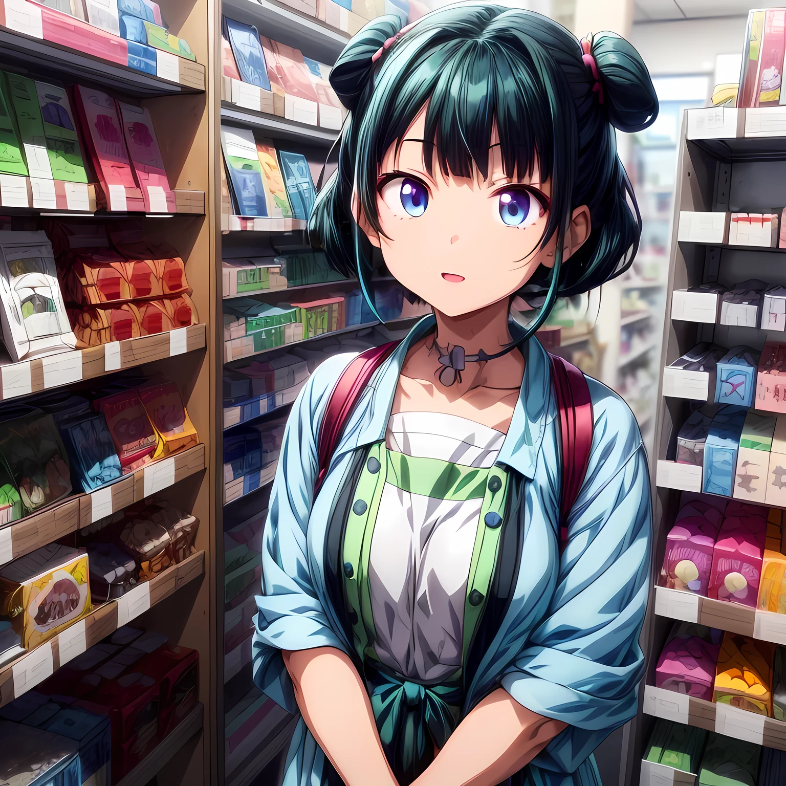 (Cat/Pharmacy), Anime Super、 1 girl, solo、Shadows of the Body、(Narrow eyes、 expressionless、 blue eyes:1.3)、( little chest:1.2)、 dark green hair 、two buns short hair、 pink eyeshadow around the eyes、 with bangs、 blue eyes、Green national costume 、( focus on face :1.5)、 shot from above、 、Nothing Michikusa 、Country Road、Store clerk、Pharmacy