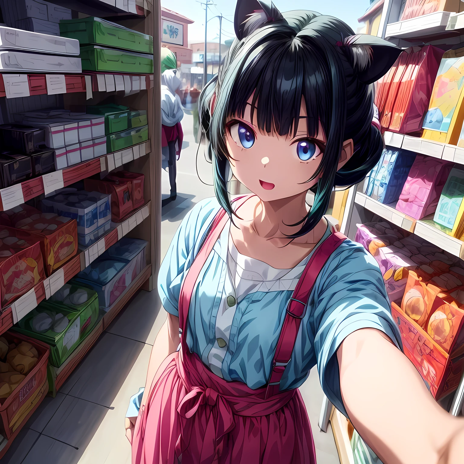 (Cat/Pharmacy), Anime Super、 1 girl, solo、Shadows of the Body、(Narrow eyes、 expressionless、 blue eyes:1.3)、( little chest:1.2)、 dark green hair 、two buns short hair、 pink eyeshadow around the eyes、 with bangs、 blue eyes、Green national costume 、( focus on face :1.5)、 shot from above、 、Nothing Michikusa 、Country Road、Store clerk、Pharmacy