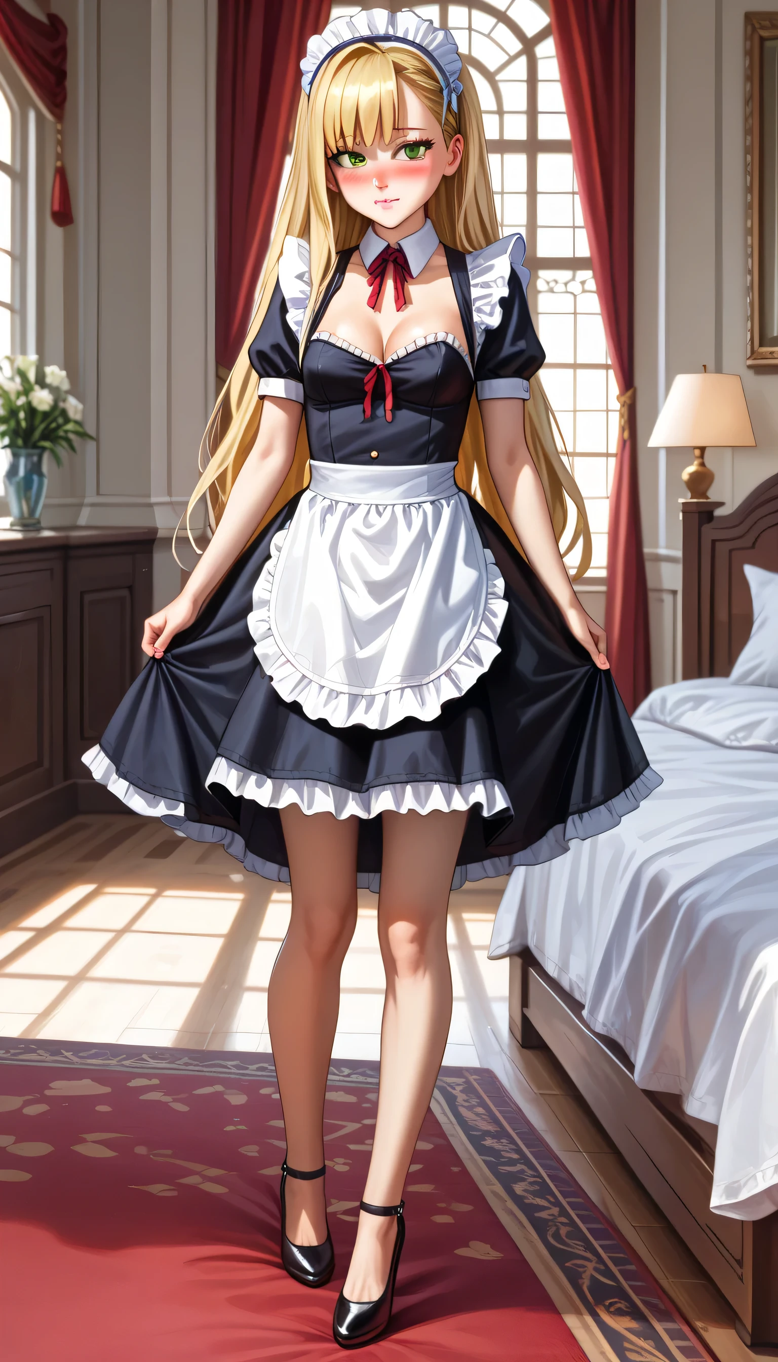 beautiful girl、perfect body、long blonde hair、((maid))、((Show your panties))