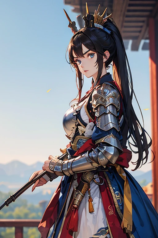 photo realistic, anime style, (8k, RAW photo, best quality, masterpiece:1.2), High detail RAW color photo, professional photograph, cowboy shot, (realistic, photo realistic:1.37),cinematic light, (finery detailed face:1.2), cowboy shot, thigh 1 girl, 18-28 years old, very cute, very beautiful, photo realistic, event companion, BREAK, white skin, real human skin, (detailed face), oval face, pores, ultra high res, BREAK, slim, (medium-large-breast:1.37, cleavage:1.37), (looking straight at viewer with a serene and goddess-like happiness:1.2), (lifter gloss, eyelashes, gloss-face, best quality, ultra highres, Broad lighting, natural shading), (beautiful thin long hair, pony-tail:1.3, brown hair),, BREAK, 1 woman, elegant beauty, radiant skin, (Maeda Keiji costume:1.3), (warring-states-era:1.4), solo, (eccentric-fashion:1.2), (tiger-pattern-accent:1.3) (samurai-armor:1.5), detailed traditional clothing, (style-sengoku:1.3), detailed face expression, (style-dynamic:0.8), standing pose, holding katana, determined expression, (background: battlefield), (style-battle-ready:0.9), historical atmosphere, armor details, detailed background, (style-wafuku:0.9), powerful aura,