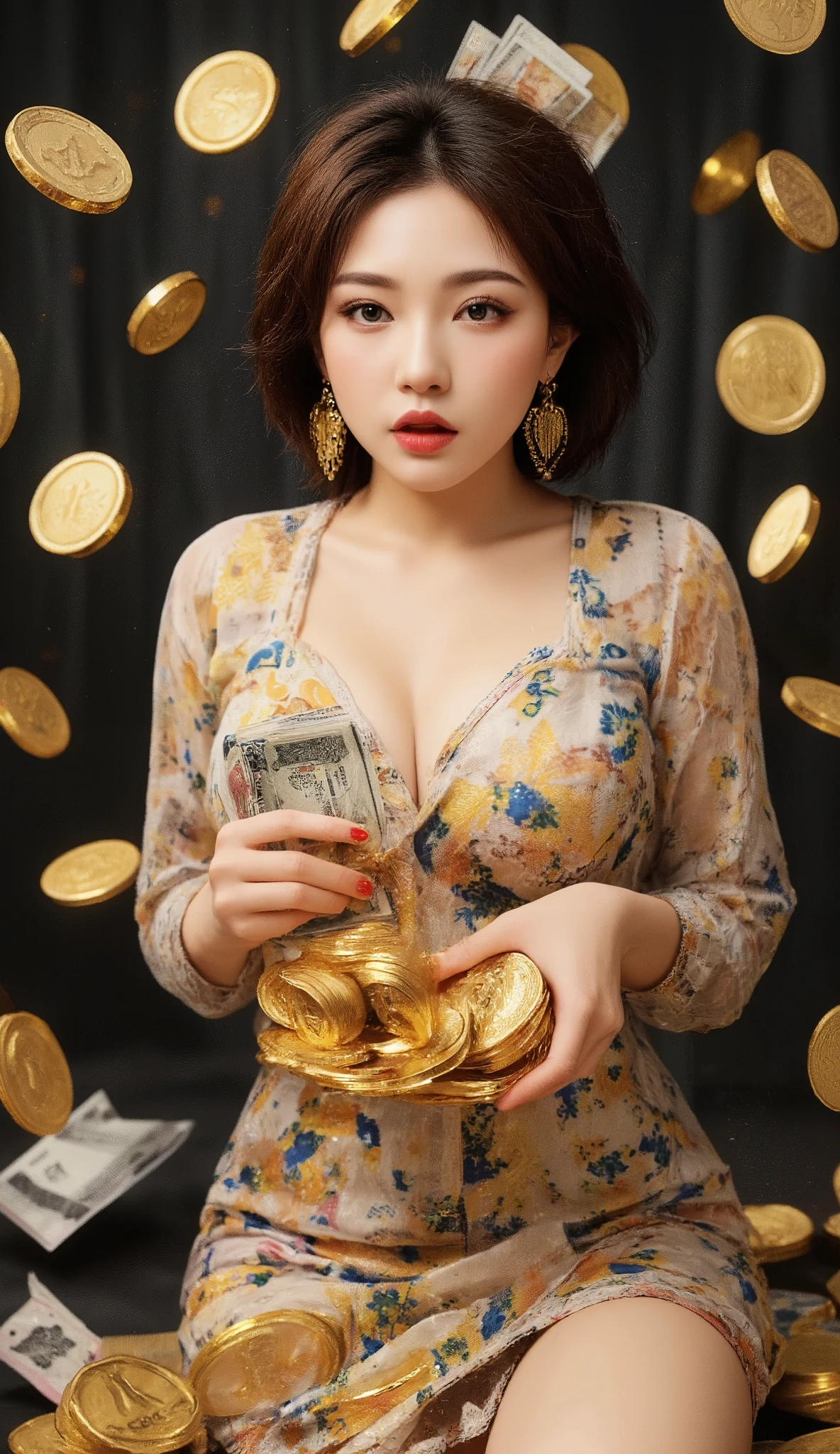 a lottery promotion with the announcement with a casino background scattered with gold coins and money, and the main character is designed by greg manchess,smoke, a model woman, bright eyes, glossy lips, photoreal, 8 k, octane render by greg rutkowski, art by Carne Griffiths and Wadim Kashin ,in the style of Dau-al-Set, Pollock, and inspired by MAPPA and Zdzislaw Beksinski,with a casino background scattered with gold coins and a lot of money, holding Gold cards.,Zoom out.