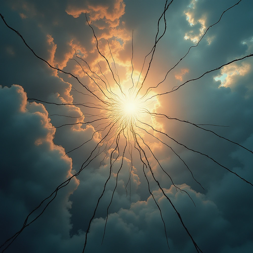 8k,((masterpiece:1.2)), (super detailed, RAW color photo:1.2), (best quality:1.2), Incredibly absurd high resolution, very aesthetic, Absurdity, (Anatomically accurate depiction:1.3), masterpiece digital art, (BREAK Beautiful attention to detail), trending art station, official art, wide shot, from below the sky, background/(There are countless cracks in the sky that seem to have broken glass, (terribly cracked sky:1.5), doom day, eschatology/), detailed background