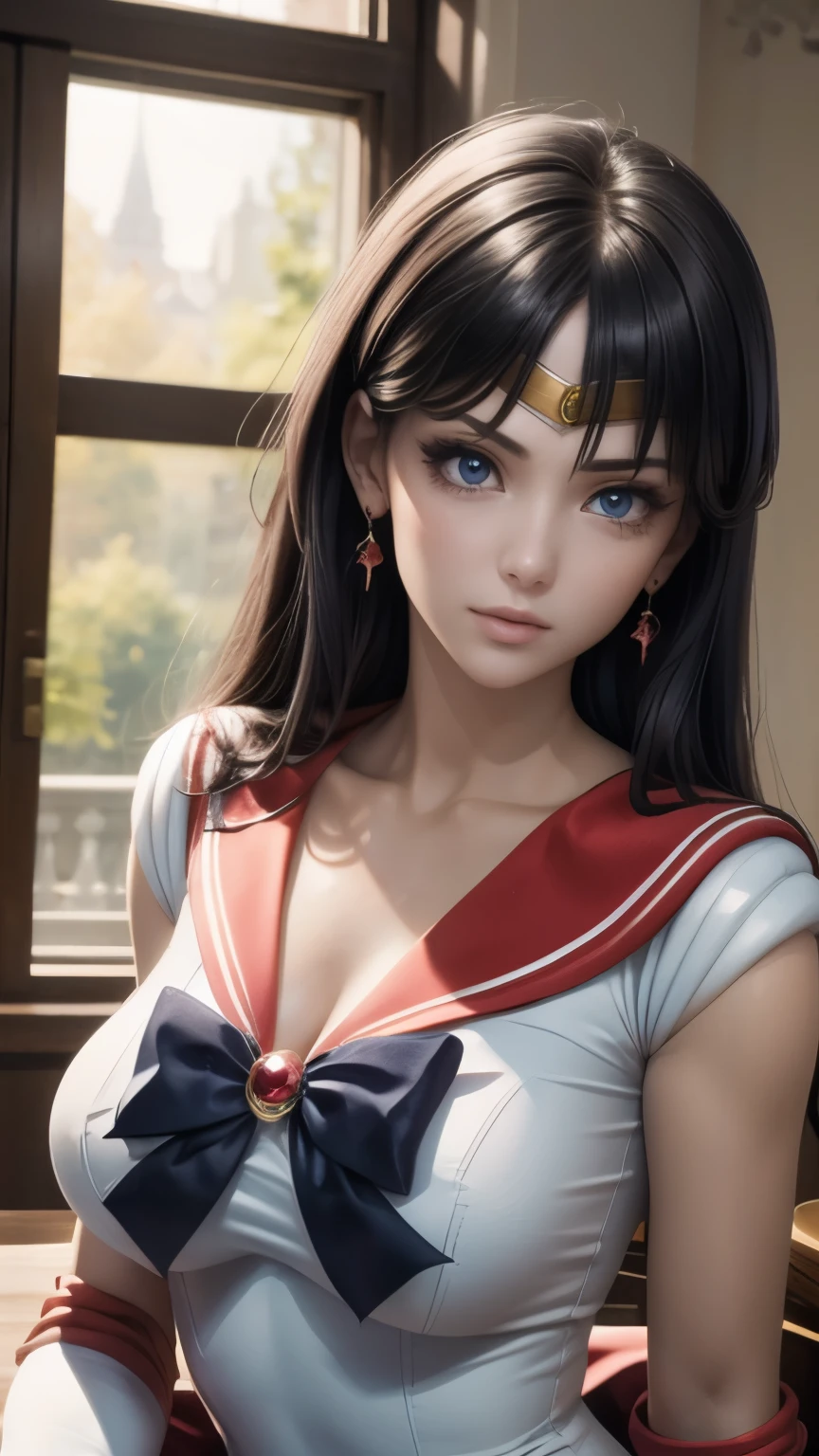 (masterpiece:1.2), best quality, high resolution, unity 8k wallpaper, (illustration:0.8), (beautiful detailed face:1.2, beautiful detailed eyes:1.2), perfect lighting, extremely detailed CG, (perfect hands, perfect anatomy),
Cute, beautiful, charming lady, shiny hair, lustrous skin,
milf, married woman, soft With a gentle appearance and a gentle mother-like atmosphere,
mars_a, tiara, jewelry, earrings, black hair, straight long hair, big breasts, sailor senshi uniform, red skirt, red sailor collar, knee boots, red choker, white elbow gloves,