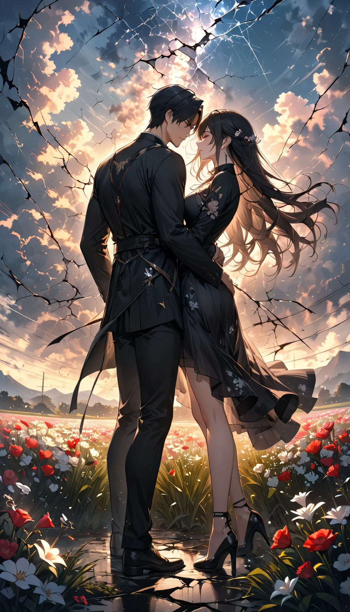 a pair of men and women , The moment of confession, Ephemeral Scattered Love , ((A cracked sky like a mirror )), A Field Full of Beautiful Flowers, A cracked sky suggests results, Please express cracks in black, masterpiece, best quality , Highest Resolution , Detailed Description , Soft Atmosphere,