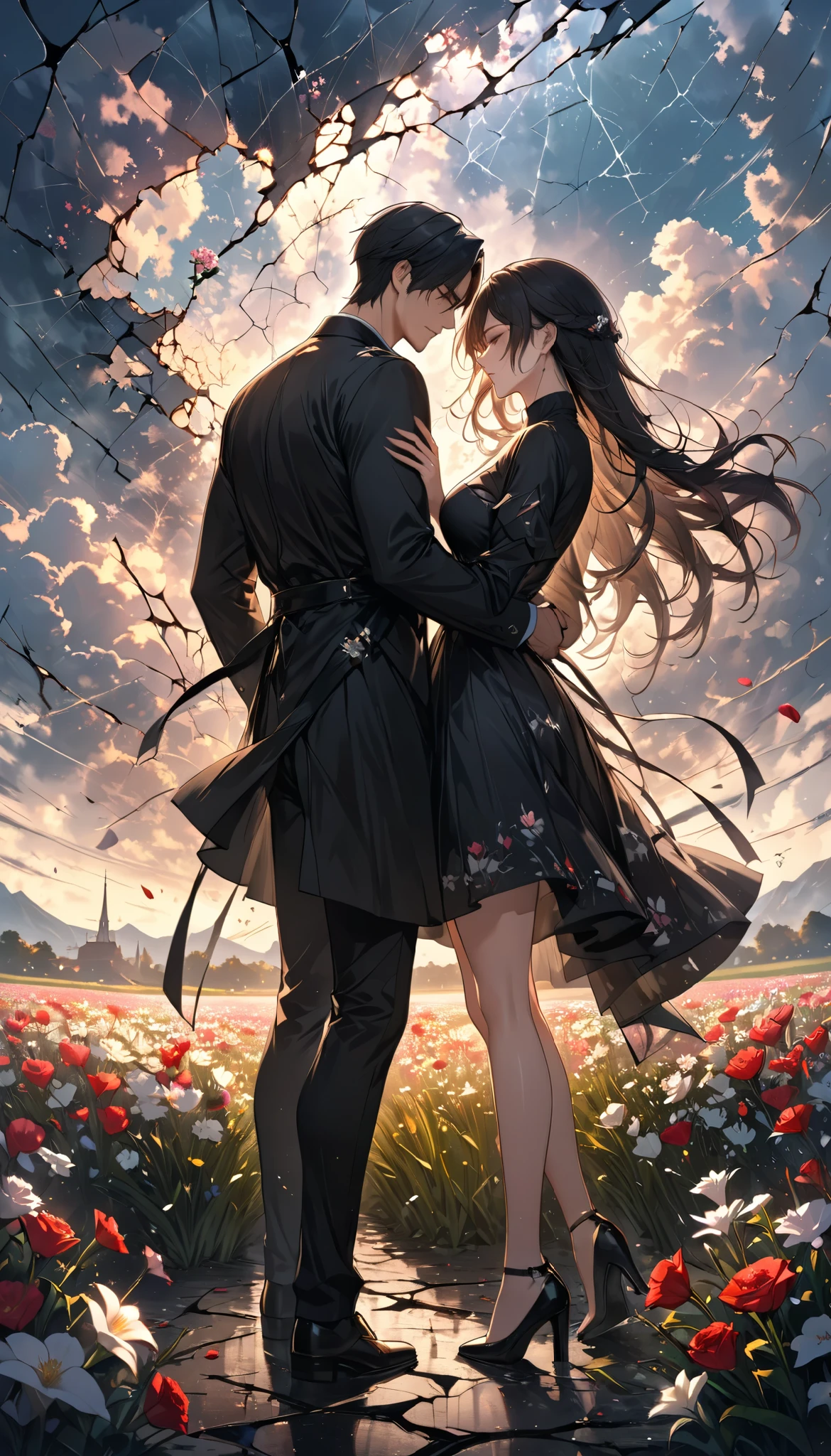 a pair of men and women , The moment of confession, Ephemeral Scattered Love , ((A cracked sky like a mirror )), A Field Full of Beautiful Flowers, A cracked sky suggests results, Please express cracks in black, masterpiece, best quality , Highest Resolution , Exact details