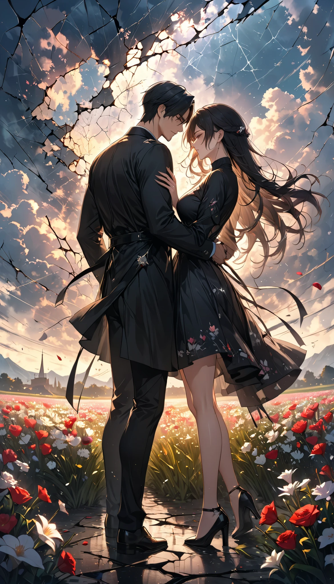  a pair of men and women , The moment of confession, Ephemeral Scattered Love , ((A cracked sky like a mirror )),  A Field Full of Beautiful Flowers,  A cracked sky suggests results, Please express cracks in black, masterpiece,  best quality ,  Highest Resolution , Exact details