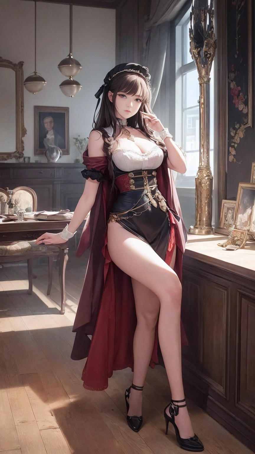 (((Masterpiece))),(((Super Detail))),(((in 8K))),(((best composition))),(((Rim lighting,Fireglow effect,deep shadow))),solo),Beautiful fingers,Detailed finger features,(Detailed hair features:1.7),(Dynamic and sexy bending pose:1.3),detailed facial features,detailed clothes features, (perky chest:1.1), (pointed chest:1.3), delicate beautiful face, Bright blue eyes, cute eyes, sparkling eyes, Big eyes, beautiful detailed eyes,double bun with glittering hair ornament:0.6,(super detailed glossy skin:1.3),slender body,goddess smile,((with sparkling eyes and a contagious smile)),beautiful posture,have a cup of coffee,black hair, red eyes, dress, bare shoulders, jewelry, collarbone, sidelocks, hairband, earrings, indoors, off shoulder, sweater, arms behind back, plant, short hair with long locks, white hairband, off-shoulder dress, sweater dress, off-shoulder sweater, red sweater, big side hair, very long side hair,(super delicate floral pattern:1.2),seductive cleavage:1.3,beautiful glossy legs,shiny red high heels,lifting dishes with cakesd,french restaurant,hustle and bustle,rising steam,(((depth of fields)))
