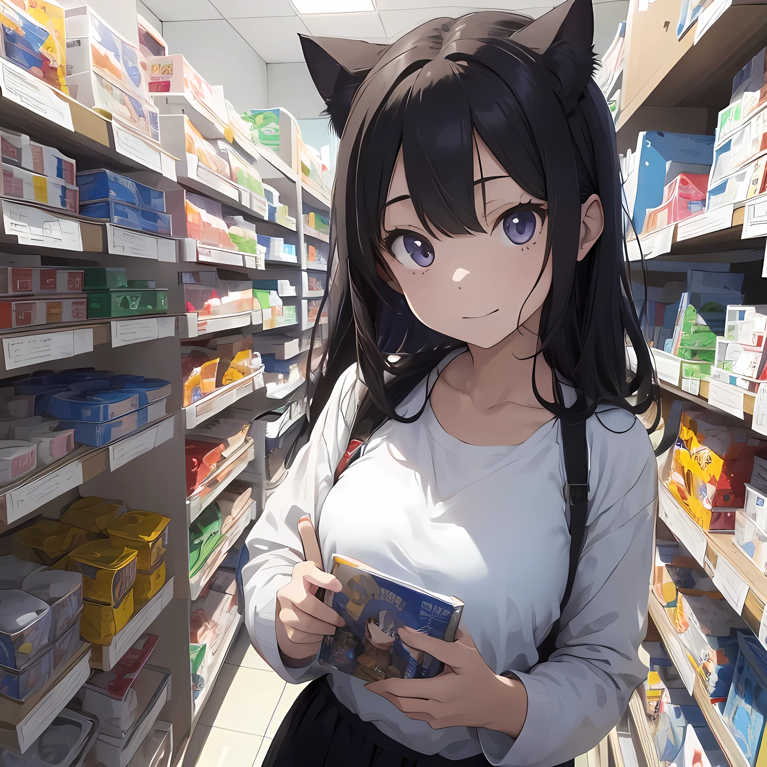 (Cat/Pharmacy), Anime Super、 1 girl, solo、Shadows of the Body、(Don't like to think、Narrow eyes、 expressionless、 blue eyes:1.3)、( little chest:1.2)、 dark green hair 、two buns short hair、 pink eyeshadow around the eyes、 with bangs、 blue eyes、Green national costume 、( focus on face :1.5)、 shot from above、 、Nothing Michikusa 、Country Road、Store clerk、Pharmacy