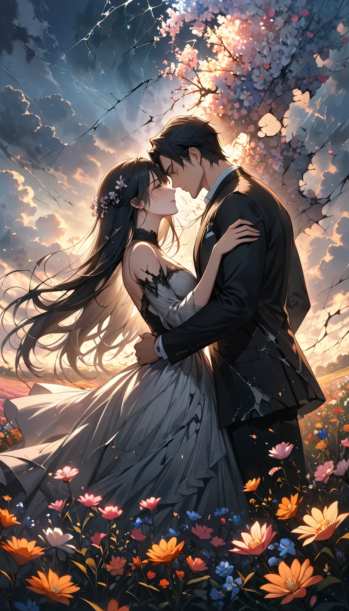 a pair of men and women , The moment of confession, Ephemeral Scattered Love , ((A cracked sky like a mirror )), A Field Full of Beautiful Flowers, A cracked sky suggests results, Please express cracks in black, masterpiece, best quality , Highest Resolution , Exact details